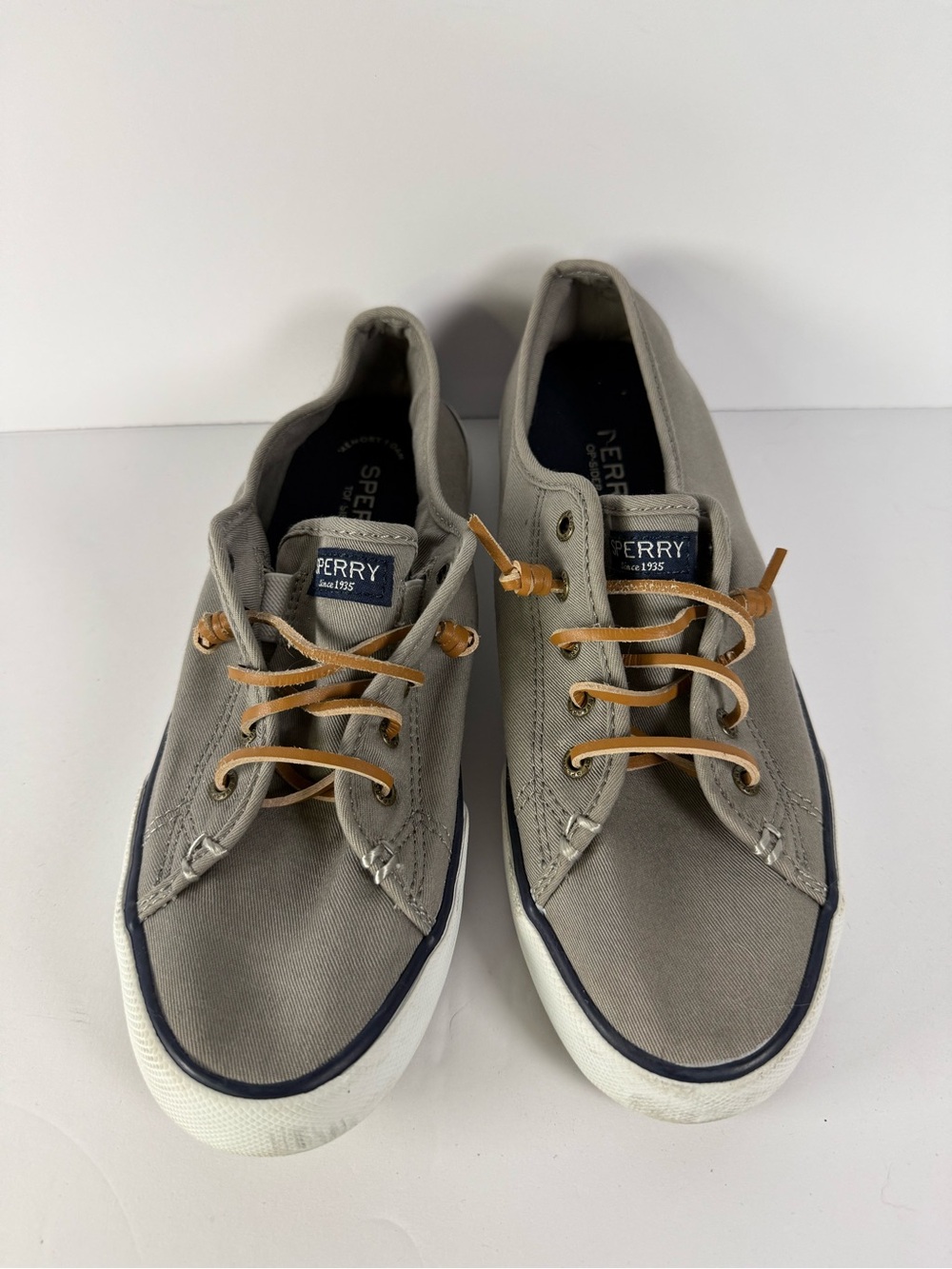 Sperry Men’s Gray Canvas Boat Shoes with Tan Laces